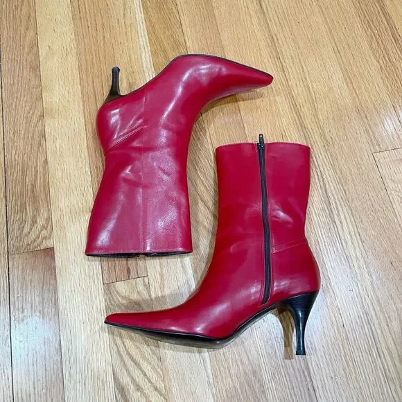 Cole Haan City Red Leather Pointed Toe Ankle Boots Kitten Heel Womens Size 6 EUC - Picture 4 of 16